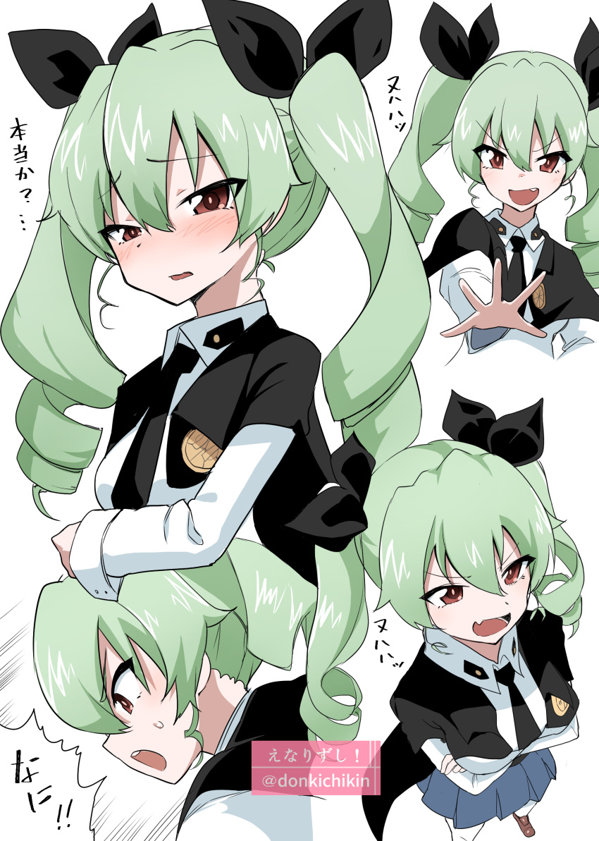 1girl absurdres anchovy_(girls_und_panzer) anzio_school_uniform artist_name black_cape black_necktie black_skirt blush brown_eyes cape commentary cropped_torso crossed_arms donkichikin dress_shirt drill_hair fang frown girls_und_panzer green_hair half-closed_eyes highres light_frown long_hair long_sleeves looking_at_viewer miniskirt motion_lines multiple_views necktie open_mouth pantyhose pleated_skirt reaching reaching_towards_viewer school_uniform shirt simple_background skin_fang skirt smile standing sweatdrop translated twin_drills twintails twitter_username v-shaped_eyes white_background white_pantyhose white_shirt wing_collar