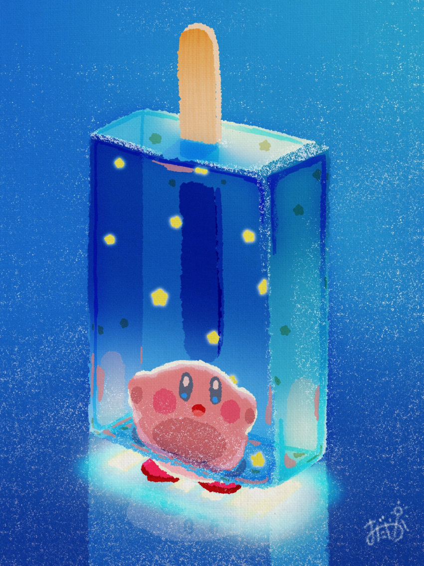:o blue_background blue_eyes blush commentary_request food full_body highres ice_cream kirby kirby_(series) looking_at_viewer no_humans odayaka_(odk_yuk) open_mouth popsicle signature standing