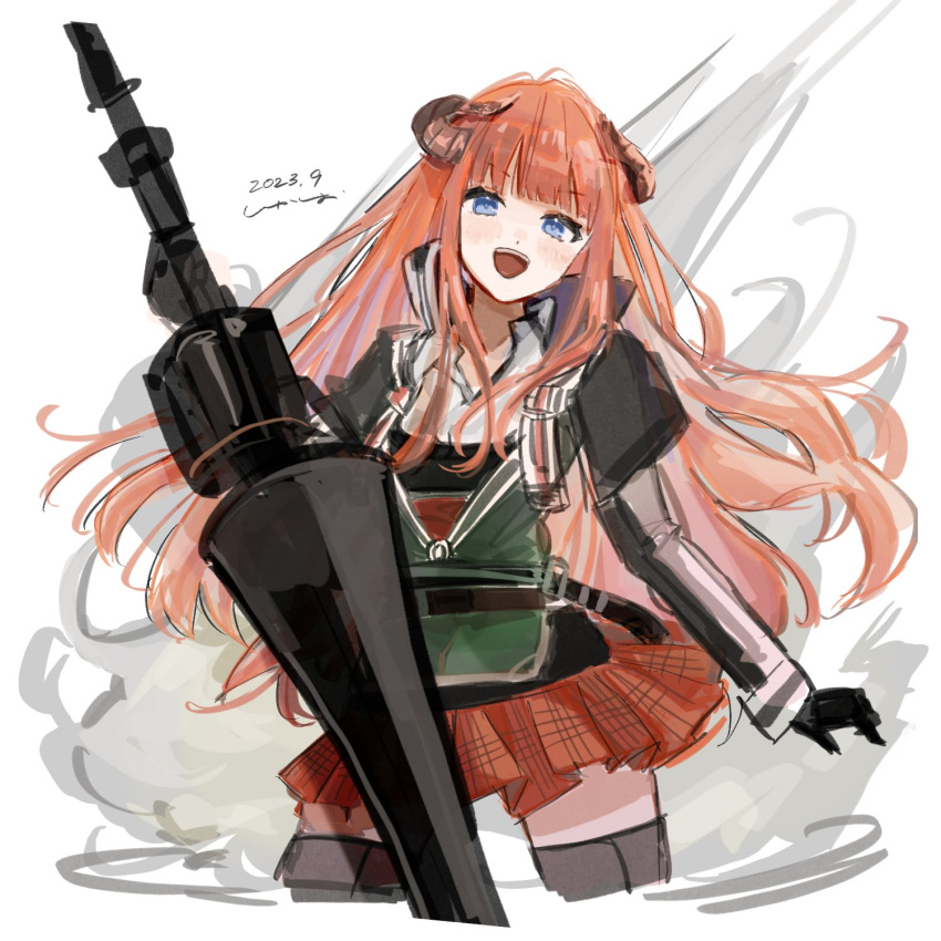 1girl :d arknights bagpipe_(arknights) black_gloves black_jacket black_thighhighs blue_eyes commentary_request cropped_legs dated gloves highres holding holding_polearm holding_weapon jacket juliet_sleeves k-yosinori lance long_hair long_sleeves looking_at_viewer orange_hair pleated_skirt polearm puffy_sleeves red_skirt shirt simple_background skirt smile solo thigh-highs very_long_hair weapon white_background white_shirt