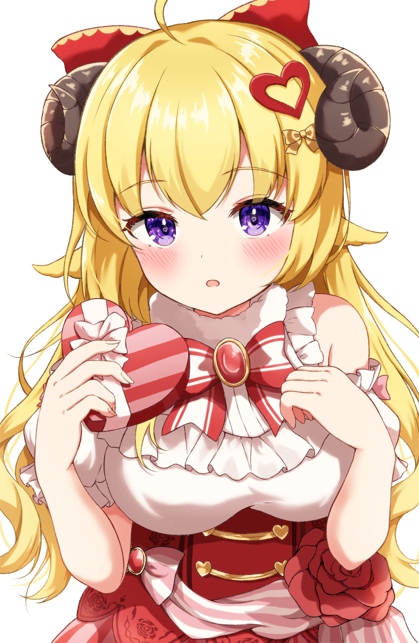 1girl :o absurdres ahoge alternate_costume animal_ears blonde_hair blush bow box breasts commentary_request floral_print fur-trimmed_collar hair_bow hair_ornament heart heart-shaped_box heart-shaped_pupils heart_hair_ornament highres hololive horns large_breasts long_hair looking_at_viewer red_brooch rinkaa_(lovelive765pro2) rose_print sheep_ears sheep_girl sheep_horns simple_background solo symbol-shaped_pupils tsunomaki_watame upper_body violet_eyes virtual_youtuber white_background