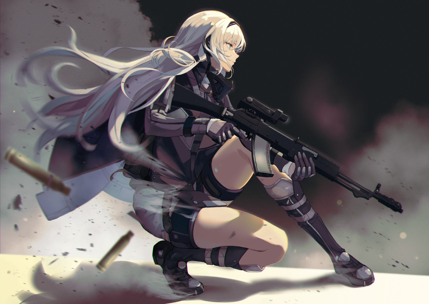 1girl an-94 an-94_(girls'_frontline) assault_rifle blue_eyes expressionless gas_mask girls_frontline gloves grey_jacket gun jacket long_hair mask niac optical_sight rifle shell_casing shorts smoke solo squatting thighs weapon white_gloves white_hair white_shorts