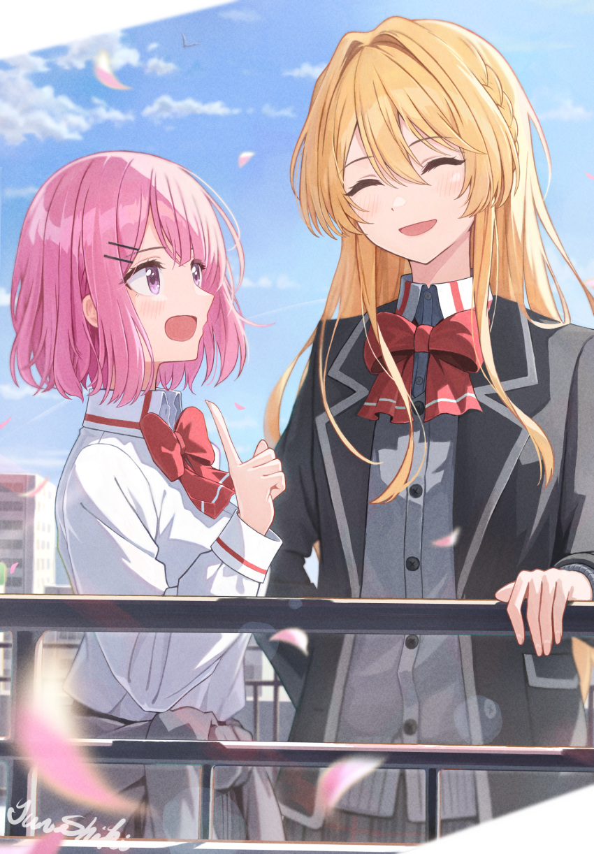 2girls :d ^_^ amaori_renako artist_name blazer blonde_hair blue_sky bow bowtie braid building closed_eyes clouds collared_shirt commentary_request day falling_petals grey_shirt hair_between_eyes hair_ornament hairclip hand_on_railing height_difference highres jacket junshiki long_hair long_sleeves looking_at_another multiple_girls open_mouth outdoors ouzuka_mai petals pink_hair railing red_bow red_bowtie school_uniform shirt short_hair sky smile upper_body watashi_ga_koibito_ni_nareru_wake_naijan_murimuri white_shirt