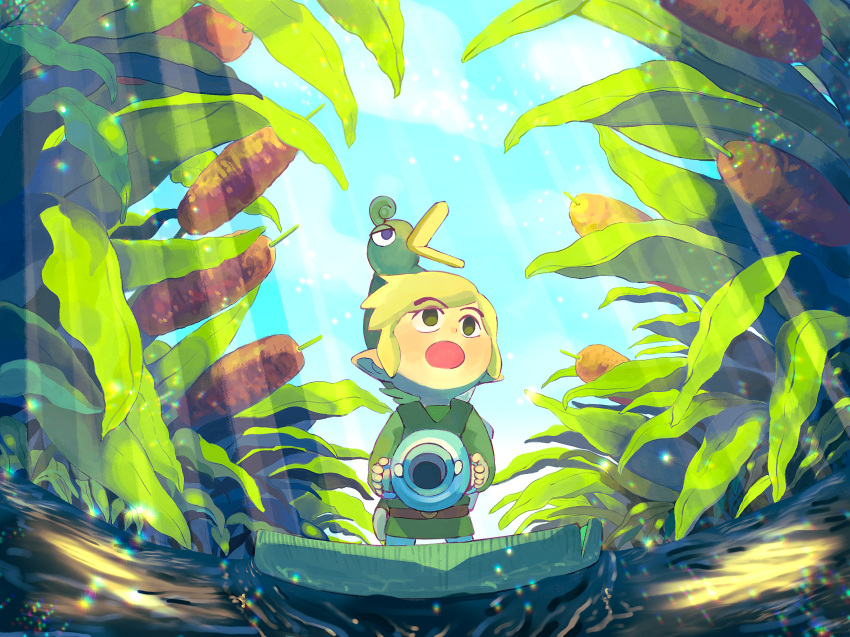 1boy belt black_eyes brown_belt cattail ezlo green_tunic highres holding holding_jar jar lily_pad link looking_up male_focus mini_person miniboy nasagina open_mouth outdoors plant pointy_ears ripples short_hair sidelocks stream sunlight sword sword_on_back the_legend_of_zelda the_legend_of_zelda:_the_minish_cap toon_link weapon weapon_on_back
