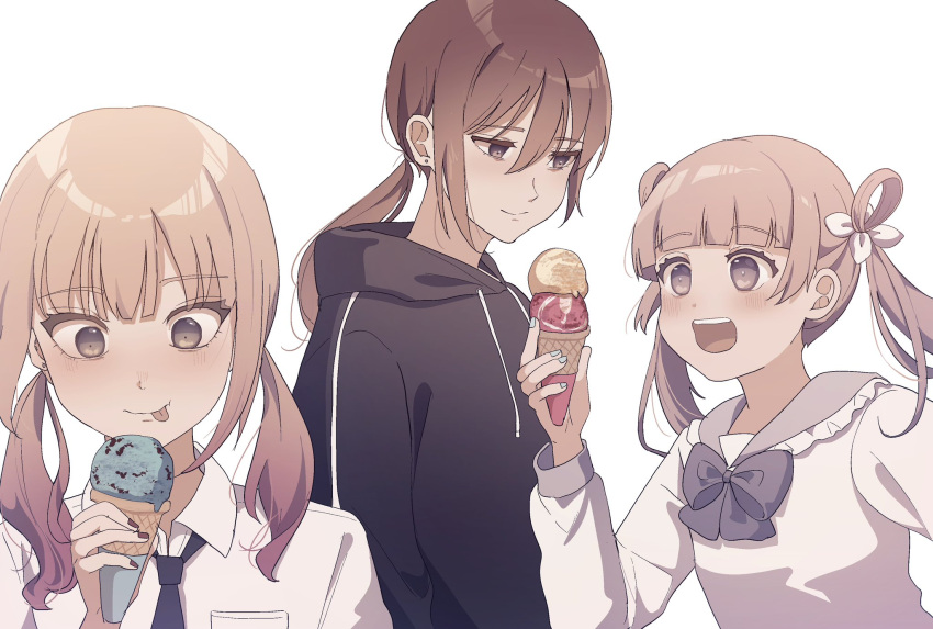 3girls :d black_bow black_hoodie black_necktie blush bow brown_eyes brown_hair collared_shirt commentary_request double_scoop drawstring food frills hair_between_eyes hair_rings highres holding holding_food hood hood_down hoodie ice_cream ice_cream_cone long_hair low_ponytail low_twintails multiple_girls necktie original ponytail shirt simple_background smile teeth tongue tongue_out tsuruse twintails upper_teeth_only white_background white_shirt