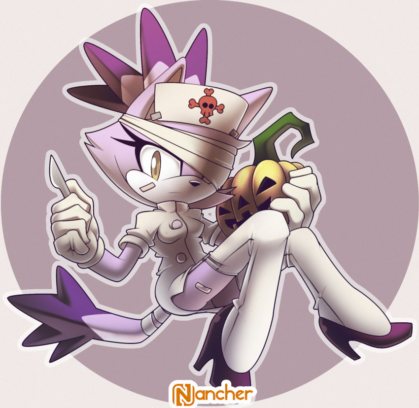 1girl animal_ears bandages blaze_the_cat cat_ears cat_girl cat_tail eyelashes furry furry_female gloves halloween_costume high_heels highres holding holding_knife knife looking_at_viewer nancher nurse one_eye_covered pumpkin purple_footwear sonic_(series) tail thigh-highs white_gloves white_thighhighs yellow_eyes