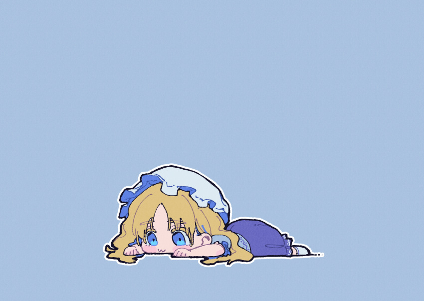 1girl :3 blonde_hair blue_background blue_eyes blush chibi commentary_request dress full_body hat highres long_hair lying maribel_hearn mob_cap nama_udon negative_space on_stomach outline purple_dress simple_background solo touhou white_outline