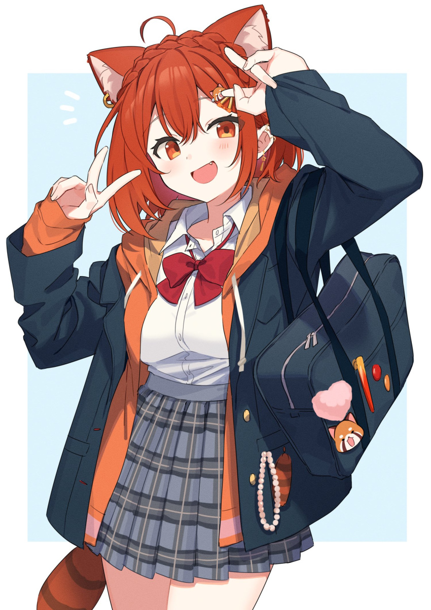 1girl ahoge animal_ear_fluff animal_hair_ornament aqua_background arms_up bag beads blazer border bow bowtie braid collared_shirt double_v earrings extra_ears fang grey_skirt highres hood hoodie jacket jewelry layered_clothes looking_at_viewer nijisanji notice_lines open_mouth orange_eyes orange_hoodie outside_border plaid plaid_skirt pleated_skirt ratna_petit ratna_petit_(5th_costume) red_bow red_bowtie red_panda_ears red_panda_girl red_panda_tail school_bag school_uniform shirt shirt_tucked_in short_hair simple_background skirt solo tooru_(jux) v virtual_youtuber white_border white_shirt