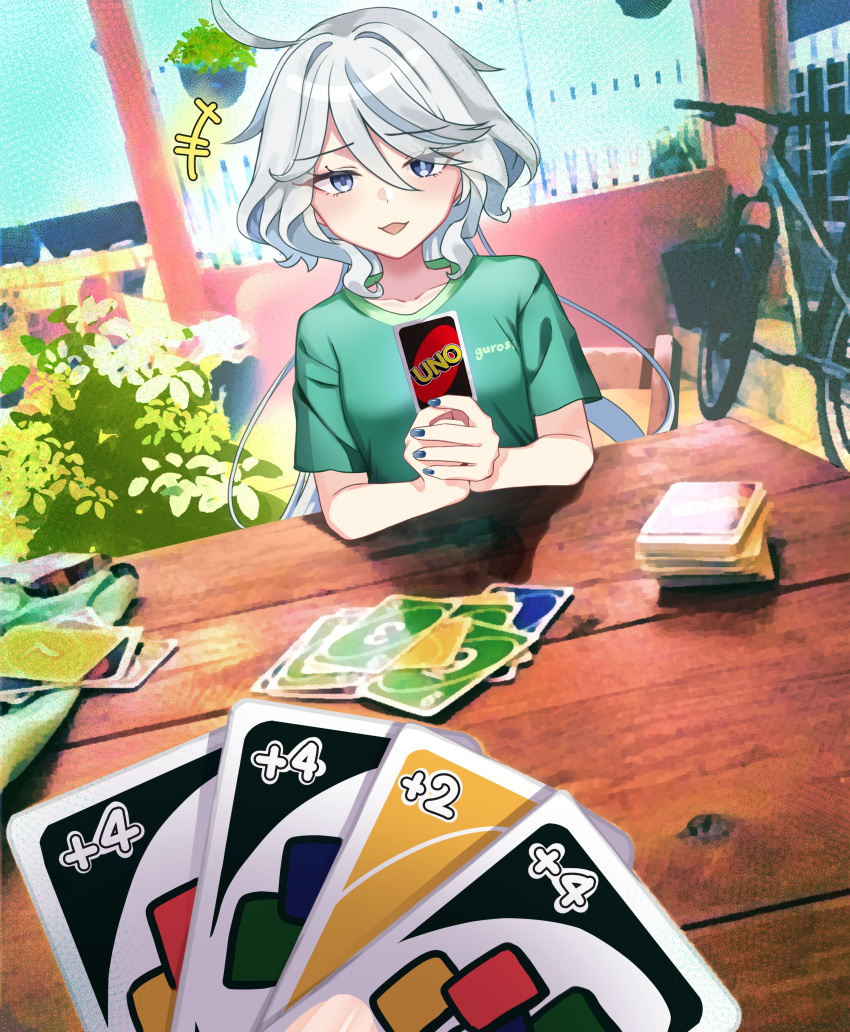 +++ 1girl absurdres alternate_costume bicycle blue_eyes blue_hair blush card casual commentary_request derivative_work furina_(genshin_impact) genshin_impact green_shirt grey_hair hair_between_eyes highres holding holding_card indoors long_hair looking_at_viewer meme_ta_so mismatched_pupils multicolored_hair nail_polish open_mouth plant pov shirt short_sleeves smug solo_focus table uno_(game) very_long_hair