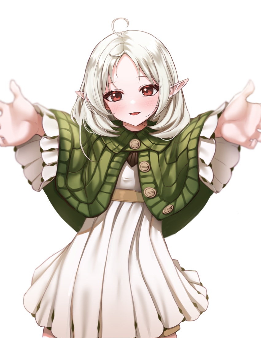 1girl ahoge capelet commission dress elf green_capelet highres medium_hair mushoku_tensei outstretched_arms pixiv_commission pointy_ears red_eyes solo sylphiette_(mushoku_tensei) transparent_background white_dress white_hair younicherry