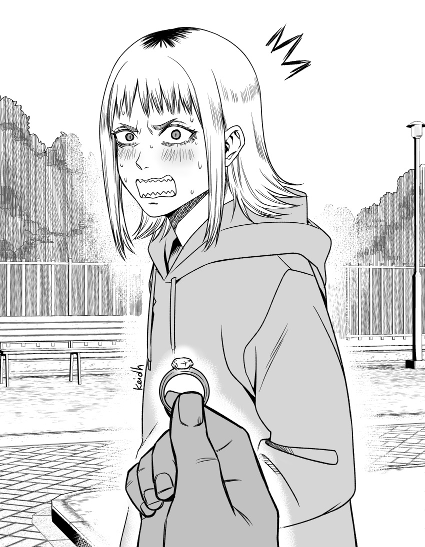 1girl ^^^ absurdres angry artist_name blush chainsaw_man drawstring highres holding holding_jewelry holding_ring hood hood_down hoodie jewelry kei_dragonsheaven lamppost looking_at_viewer marriage_proposal medium_hair monochrome open_mouth outdoors pov pov_hands ring sanpaku sawatari_akane_(chainsaw_man) sharp_teeth sidelocks slit_pupils surprised sweatdrop teeth upper_body v-shaped_eyebrows wide-eyed