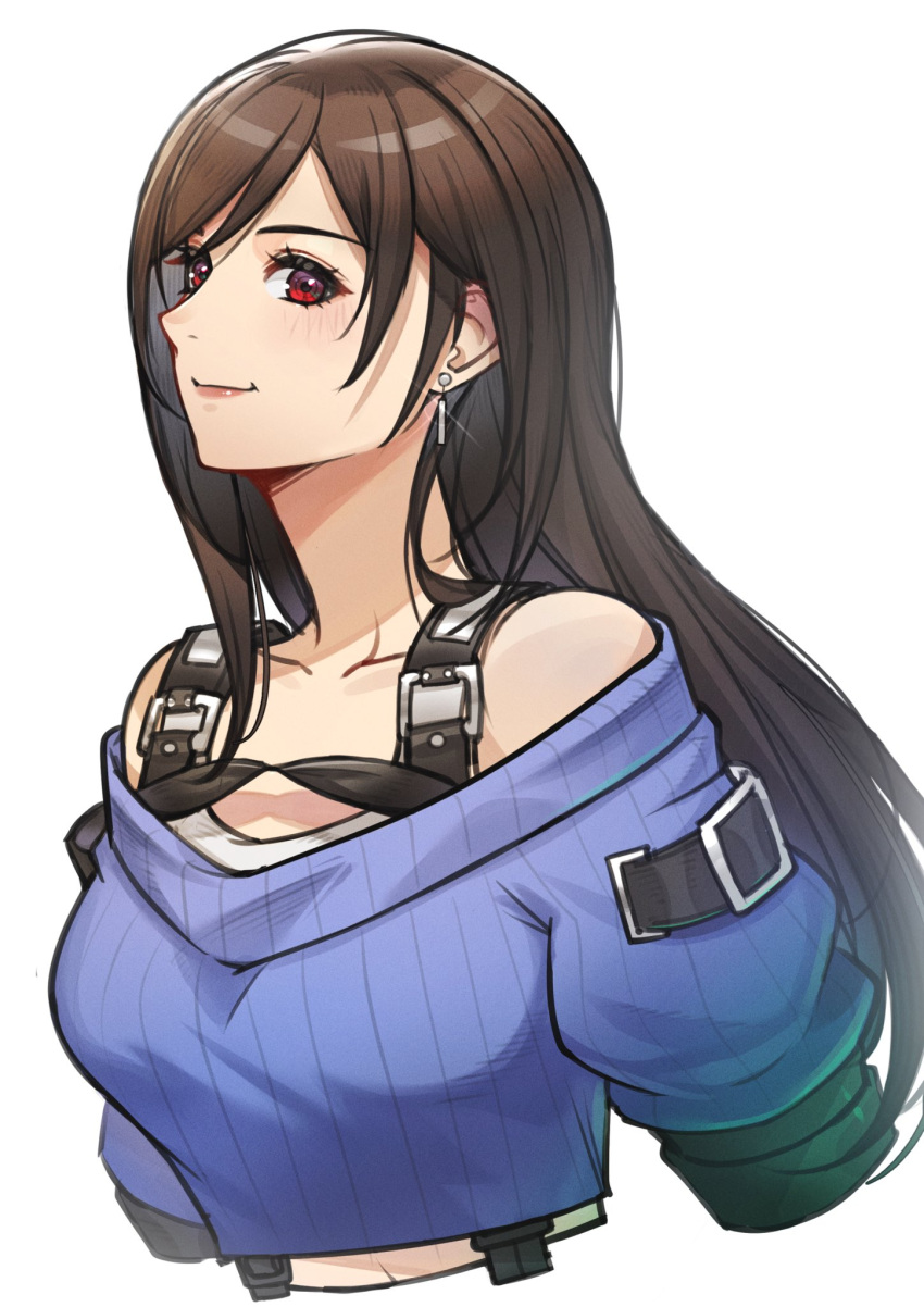 1girl bare_shoulders black_hair blue_sweater breasts brown_hair chest_harness closed_mouth collarbone commentary cropped_sweater cropped_torso earrings final_fantasy final_fantasy_vii final_fantasy_vii_ever_crisis glint hair_behind_ear harness highres jewelry light_blush long_hair looking_at_viewer lukrevadraws medium_breasts midriff official_alternate_costume red_eyes ribbed_sweater short_sleeves single_earring single_sidelock smile solo suspenders sweater swept_bangs tifa_lockhart upper_body white_background