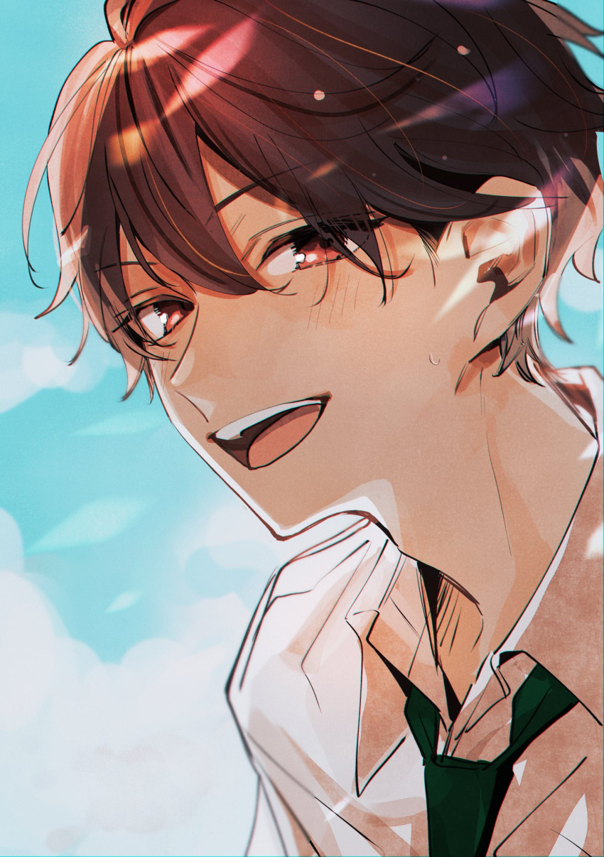 1boy blush brown_hair collared_shirt commentary_request ensemble_stars! hair_between_eyes highres looking_at_viewer male_focus morisawa_chiaki necktie open_mouth red_eyes shirt short_hair solo t_238_t teeth upper_teeth_only white_shirt