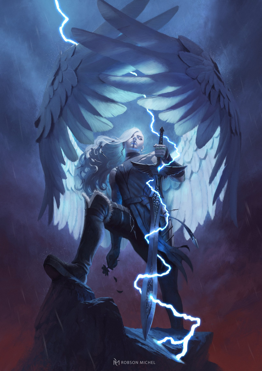 backlighting boots clouds cloudy_sky critical_role feathered_wings flower from_below highres holding holding_flower holding_sword holding_weapon lightning long_hair planted planted_sword robson_michel rock sky sword watermark weapon white_hair wings yasha_(critical_role)