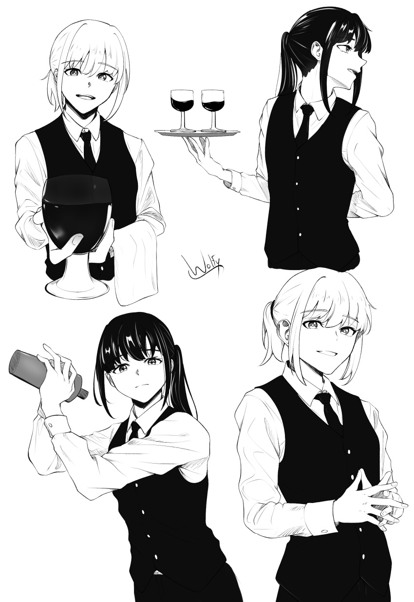 2girls absurdres alternate_hairstyle bartender black_hair chxoswolf cup highres holding holding_tray inoue_takina long_hair looking_at_viewer lycoris_recoil monochrome multiple_girls multiple_views necktie nishikigi_chisato ponytail signature simple_background smile steepled_fingers tray vest waiter white_background
