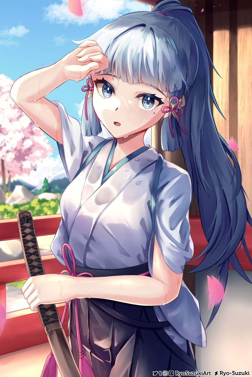 1girl absurdres arm_up blue_eyes blue_hair blue_sky blunt_bangs blunt_tresses cherry_blossoms clouds commentary copyright_name day dojo dripping eyelashes genshin_impact hair_ribbon highres holding holding_sword holding_weapon japanese_clothes kamisato_ayaka katana landscape light_blue_hair long_hair looking_at_viewer mole mole_under_eye open_mouth outdoors ponytail ribbon ryo-suzuki sidelocks signature sky sweat sweaty_clothes sword tree tress_ribbon weapon wiping_sweat