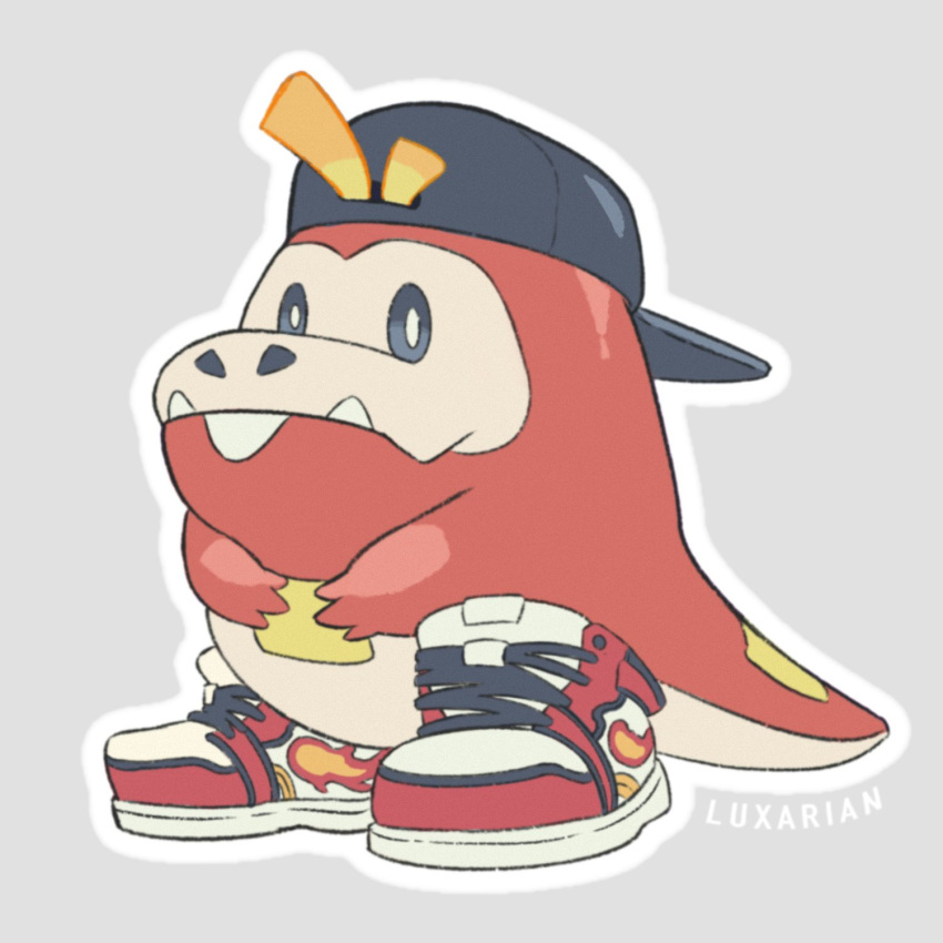 backwards_hat baseball_cap black_headwear bright_pupils fangs fangs_out flame_print fuecoco grey_background hands_on_own_chest hat highres looking_at_viewer luxarian meme nostrils outline pokemon pokemon_(game) pokemon_sv red_footwear shoe_strap shoes signature sneakers tagme tail white_outline white_pupils