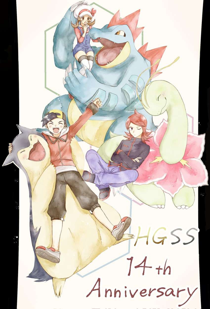 1girl 2boys :d anniversary asuka_rkgk brown_hair capri_pants clenched_hand commentary_request cowlick crossed_arms ethan_(pokemon) feraligatr hat highres jacket long_hair lyra_(pokemon) meganium multiple_boys open_mouth overalls pants pokemon pokemon_(creature) pokemon_(game) pokemon_hgss redhead shirt shoes silver_(pokemon) smile thigh-highs twintails typhlosion white_headwear