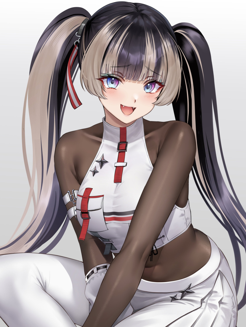 1girl absurdres armlet black_hair blue_eyes blunt_bangs blush bodystocking breasts fangs grey_hair hair_ornament highres holika_baby hololive juufuutei_raden long_hair looking_at_viewer medium_breasts multicolored_hair open_mouth shiny_clothes sitting solo streaked_hair thick_eyelashes twintails two-tone_hair very_long_hair white_background