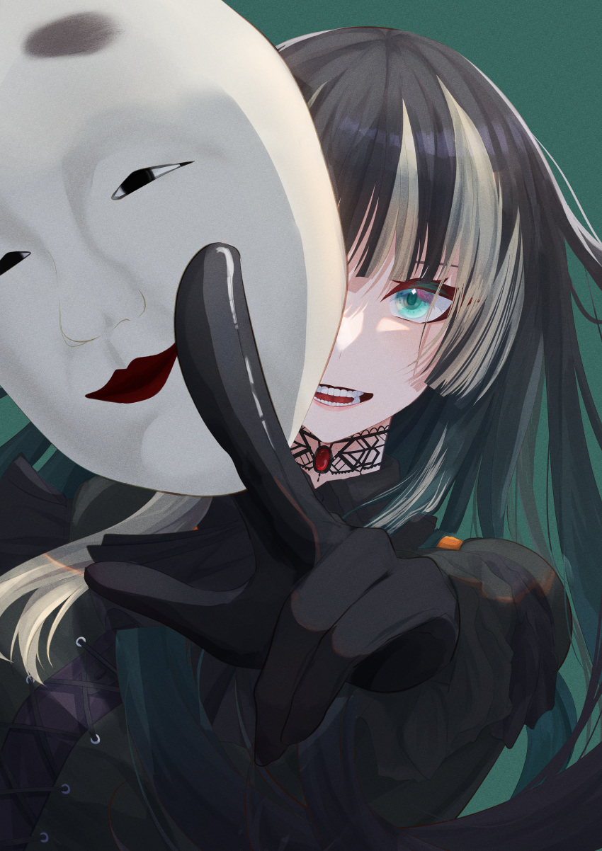 1girl absurdres between_fingers black_gloves black_hair choker gloves green_background green_eyes grey_hair highres holding hololive juufuutei_raden lace lace_choker long_hair mask mask_removed multicolored_hair noh_mask shinose_toki two-tone_hair virtual_youtuber