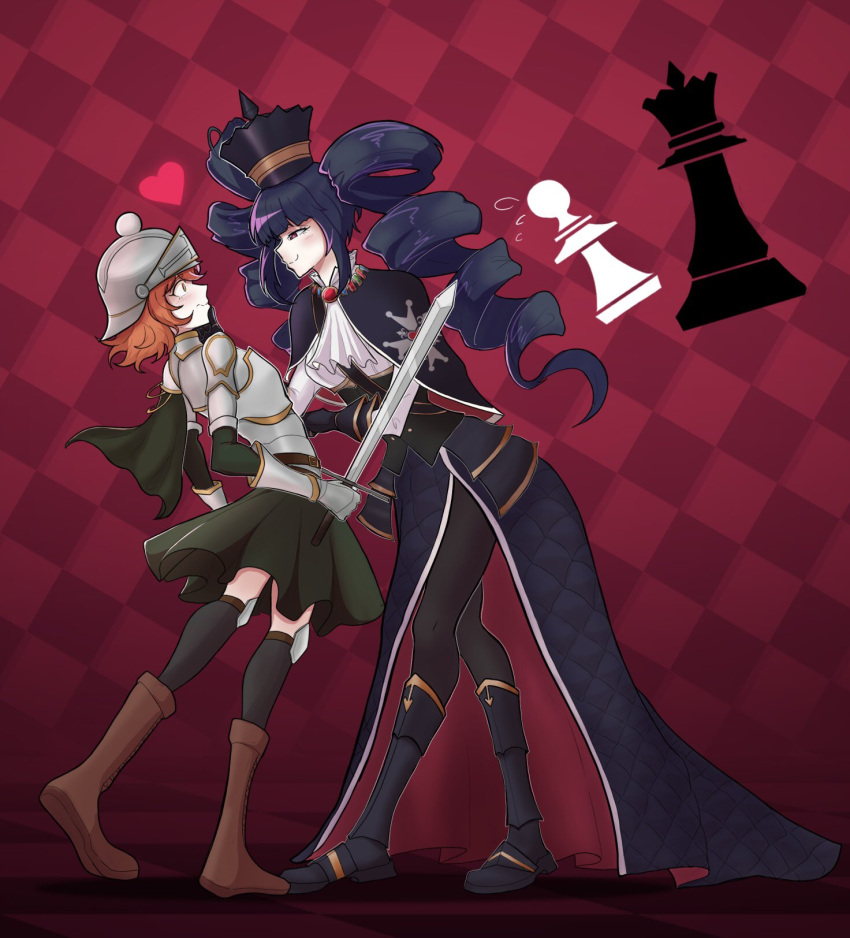 1boy 1girl alternate_costume arched_back armor ascot black_hair black_pantyhose blunt_bangs breastplate brown_footwear brown_hair cape celestia_ludenberg checkered_background chess_piece danganronpa:_trigger_happy_havoc danganronpa_(series) detached_sleeves drill_hair from_side fujisaki_chihiro gauntlets green_cape heart helmet highres holding holding_sword holding_weapon leaning_forward long_hair otoko_no_ko pantyhose pawn_costume_(chess) queen_costume_(chess) red_background short_hair shoulder_cape smile soshu_(socsuperfluous) sword twin_drills twintails weapon white_ascot