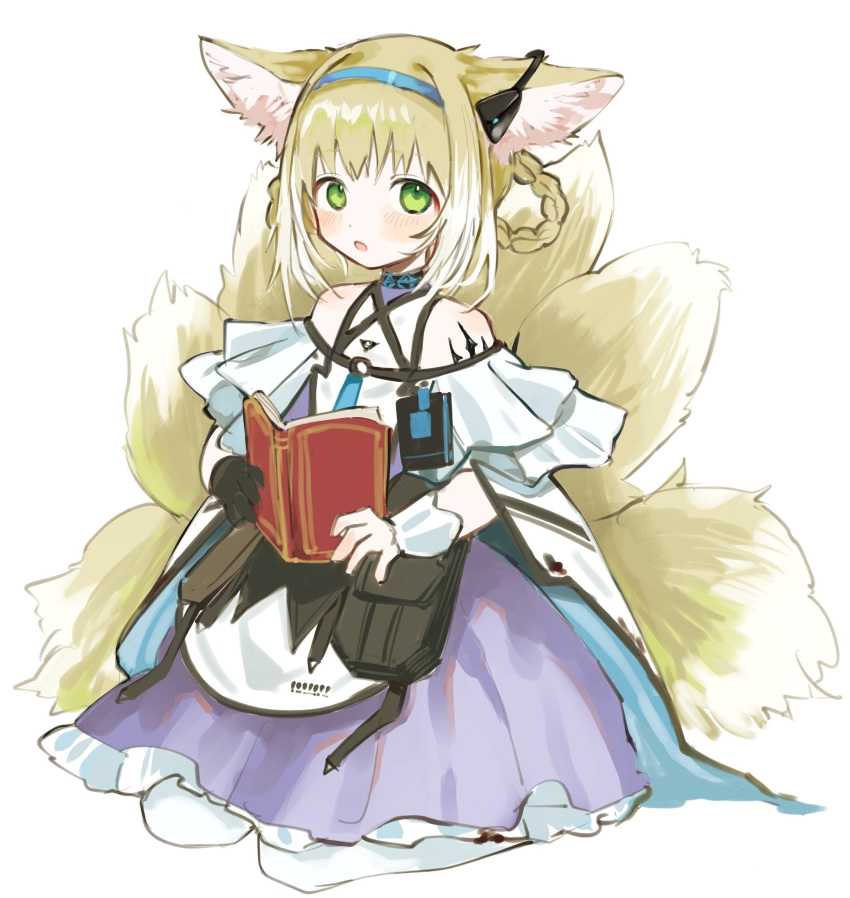 1girl animal_ear_fluff animal_ears apron arknights black_gloves blonde_hair blue_hairband blush book braid commentary_request fox_ears fox_girl fox_tail frilled_skirt frills full_body gloves green_eyes hair_rings hairband highres holding holding_book kitsune looking_at_viewer multicolored_hair nasu_bacon open_book pantyhose parted_lips purple_skirt seiza simple_background single_glove sitting skirt solo suzuran_(arknights) tail twin_braids two-tone_hair white_apron white_background white_hair white_pantyhose
