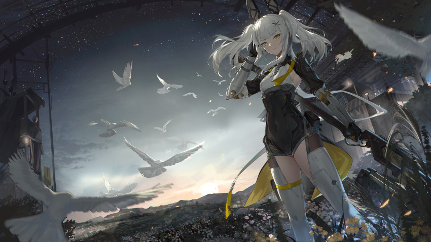 1girl absurdres armpit_crease bird blunt_bangs breasts cc_xiaotintin city_lights clouds covered_navel feathers flower grass hair_ornament hammer hand_in_own_hair highres holding holding_hammer joints karenina:_scire_(punishing:_gray_raven) karenina_(punishing:_gray_raven) leotard meadow mechanical_arms mechanical_parts mountainous_horizon on_grass outdoors power_lines punishing:_gray_raven robot_joints scaffolding searchlight sidelocks skin_tight small_breasts star_(sky) sun sunrise twintails war_hammer weapon white_hair x_hair_ornament yellow_eyes