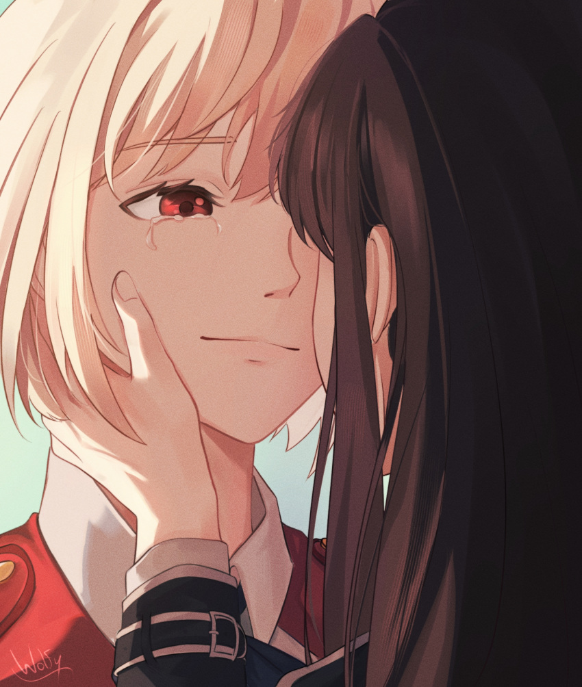 2girls black_hair blonde_hair chxoswolf closed_mouth collared_shirt english_commentary hand_on_another's_face happy_tears highres inoue_takina light_smile long_hair long_sleeves looking_at_another lycoris_recoil lycoris_uniform multiple_girls nishikigi_chisato portrait red_eyes shirt short_hair signature tearing_up tears