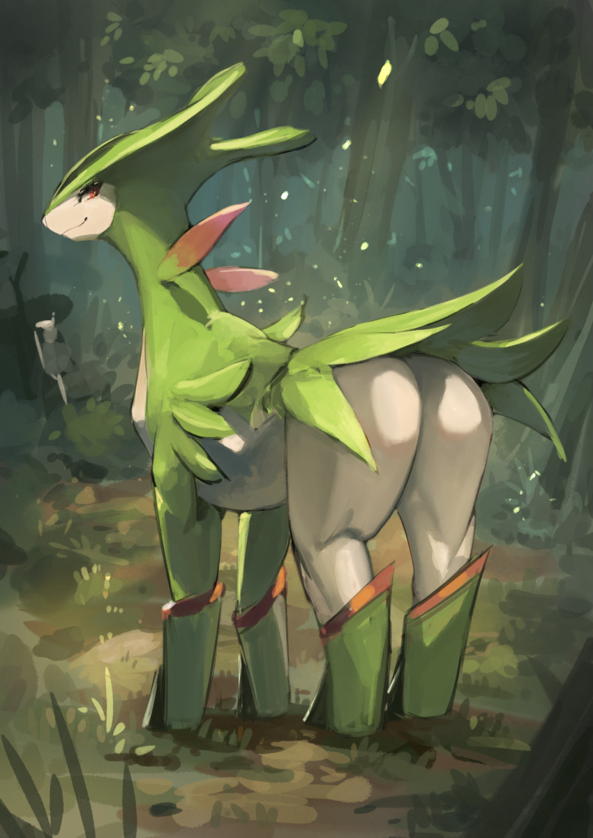 absurdres eguchi_tumoru facing_away forest full_body highres looking_at_viewer looking_back nature no_humans outdoors pokemon pokemon_(creature) solo tree virizion
