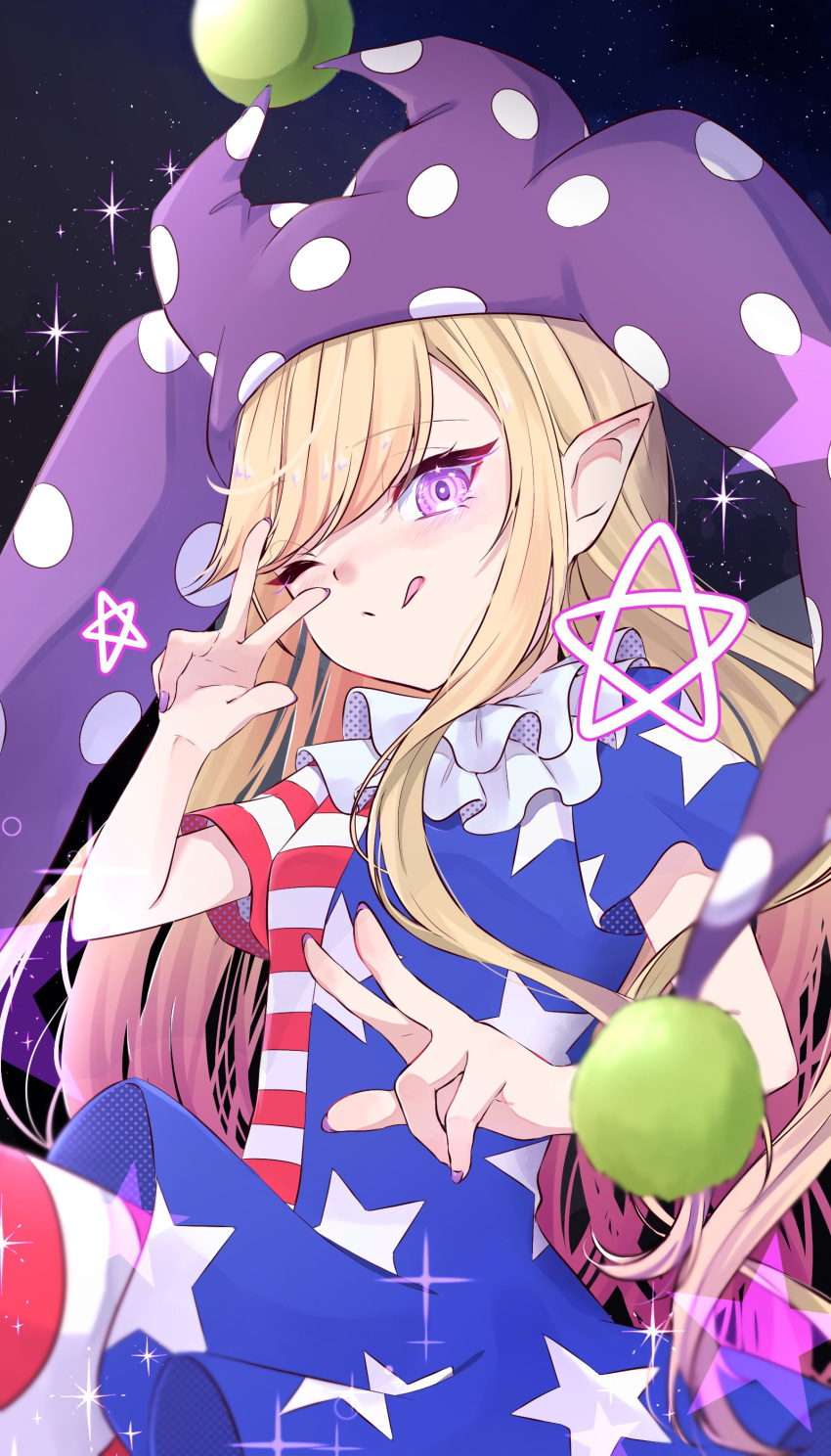 1girl absurdres american_flag_dress american_flag_legwear blonde_hair blush closed_mouth clownpiece double_v dress fairy fairy_wings fingernails hat highres jester_cap long_hair mizore_arius nail_polish one_eye_closed pantyhose pink_eyes polka_dot polka_dot_headwear purple_headwear purple_nails short_sleeves smile solo star_(symbol) star_print striped striped_dress striped_pantyhose tongue tongue_out touhou v wings