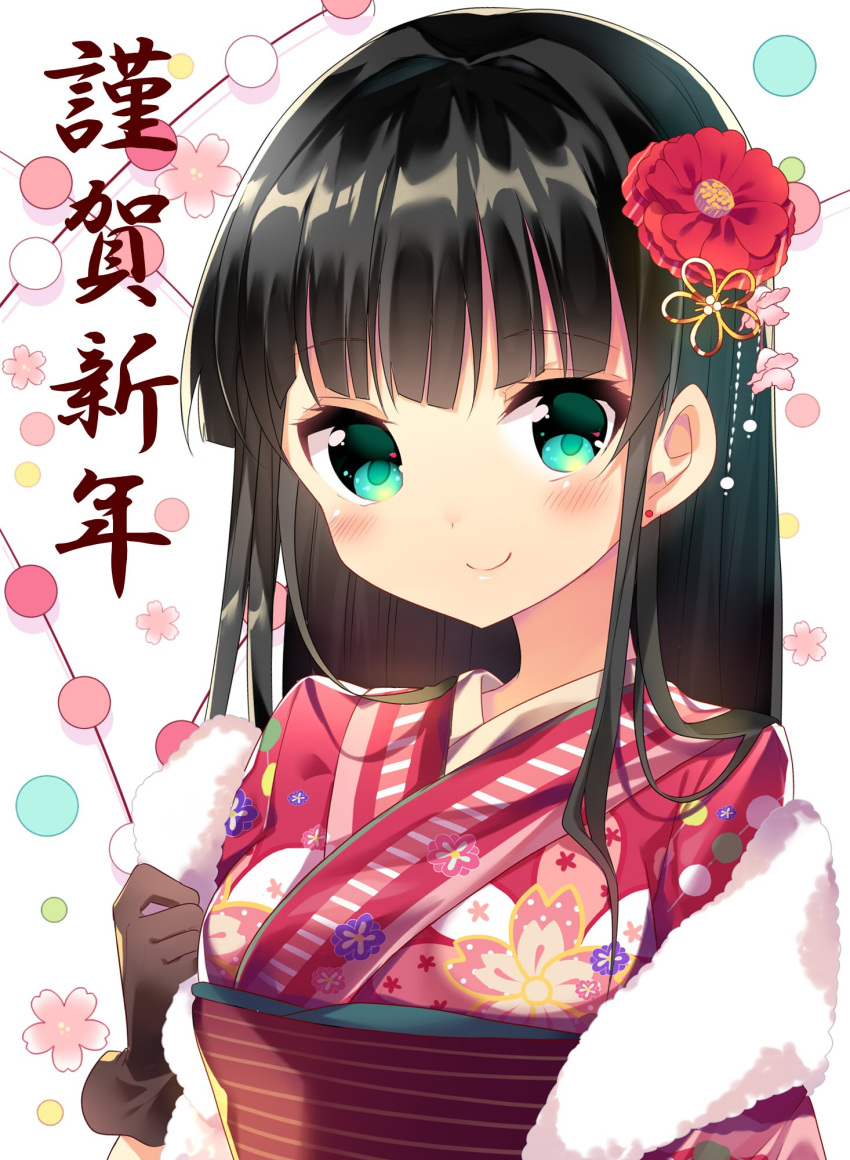 1girl black_hair blush brown_gloves brown_sash closed_mouth commentary_request earrings floral_print floral_print_kimono flower fur_(clothing) fur_scarf gloves green_eyes hair_flower hair_ornament highres ikari_(aor3507) japanese_clothes jewelry kimono long_hair looking_at_viewer obi original print_kimono red_flower red_kimono sash scarf smile solo split_mouth translation_request upper_body white_background white_scarf yukata