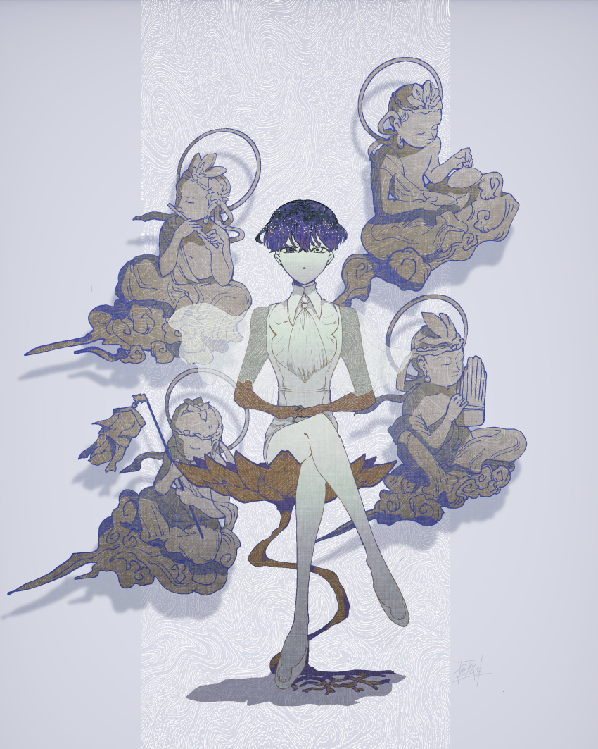 1girl absurdres buddhism character_request crossed_legs expressionless flower grey_background high_heels highres houseki_no_kuni looking_at_viewer lotus phosphophyllite_(ll) purple_hair red_flower shadow shirt short_hair sitting sokura_(mochichitose) solo toes violet_eyes white_footwear white_shirt