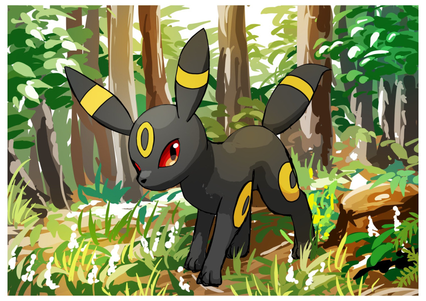 black_eyes border colored_sclera commentary_request completion_time day forest full_body grass hazikamiio highres looking_at_viewer nature no_humans outdoors pokemon pokemon_(creature) red_sclera solo standing tree umbreon white_border