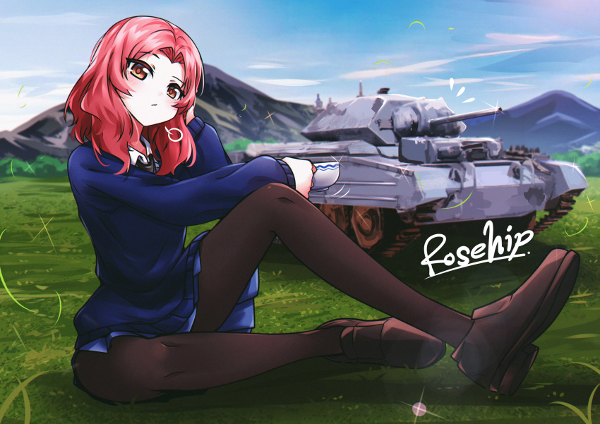 1girl absurdres arm_on_knee black_footwear black_necktie black_pantyhose blue_skirt blue_sky blue_sweater character_name commentary crusader_(tank) cup day dress_shirt english_commentary flying_sweatdrops girls_und_panzer grass hand_in_own_hair highres holding holding_cup knee_up light_frown loafers long_sleeves looking_at_viewer medium_hair military_vehicle miniskirt mizzterbii motion_lines motor_vehicle mountainous_horizon necktie orange_eyes outdoors pantyhose pleated_skirt redhead rosehip_(girls_und_panzer) school_uniform shirt shoes sigh sitting skirt sky solo st._gloriana's_school_uniform sweater tank teacup v-neck white_shirt wind wing_collar