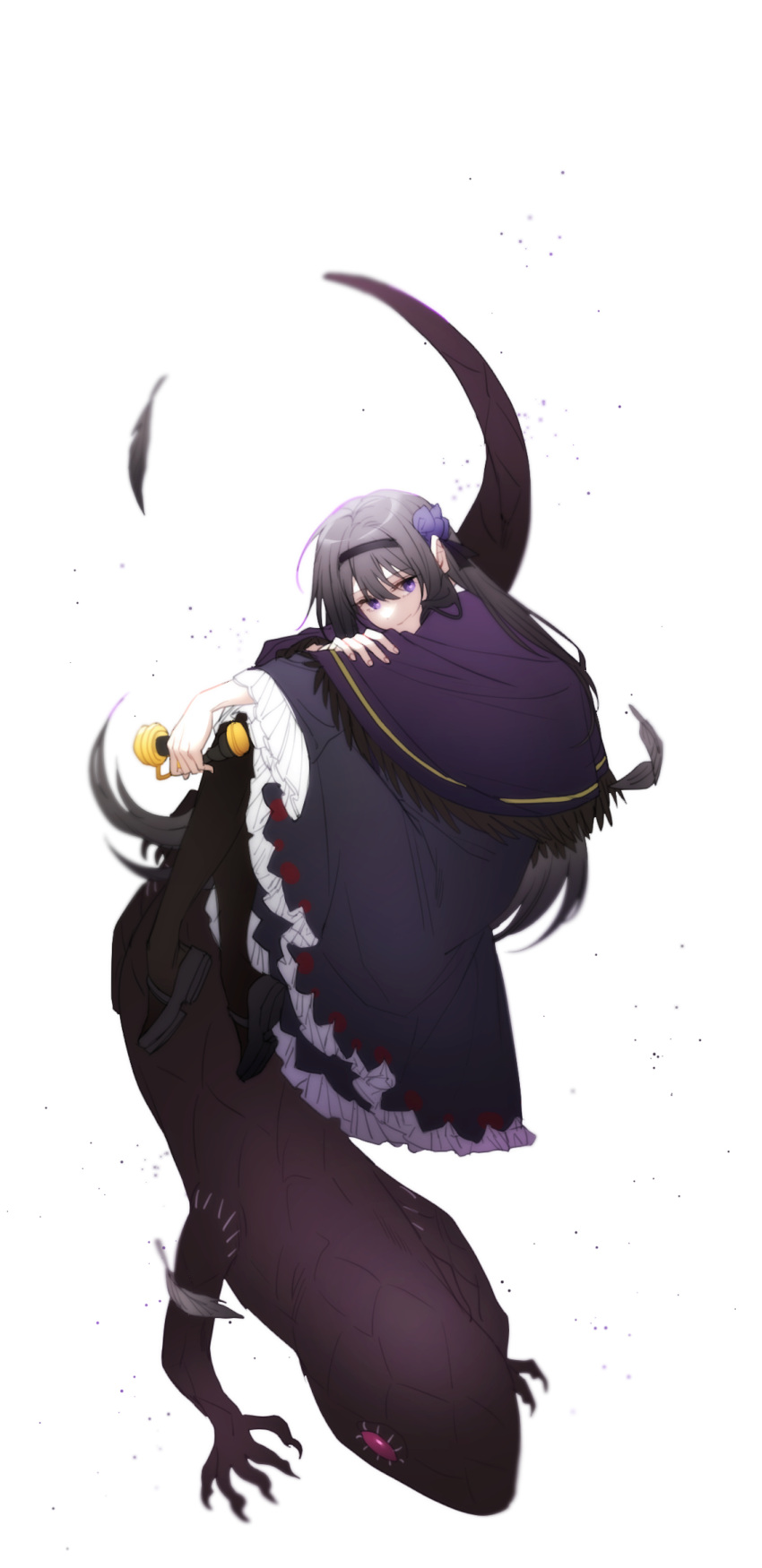 1girl akemi_homura black_dress black_feathers black_hair black_hairband black_pantyhose blunt_bangs closed_mouth dress feathers fingernails frilled_dress frills full_body hairband hand_on_own_arm highres holding holding_phone lizard long_hair long_sleeves looking_at_viewer mahou_shoujo_madoka_magica mahou_shoujo_madoka_magica:_hangyaku_no_monogatari mamasna_(mattna_mmm) pantyhose phone simple_background smile solo violet_eyes white_background