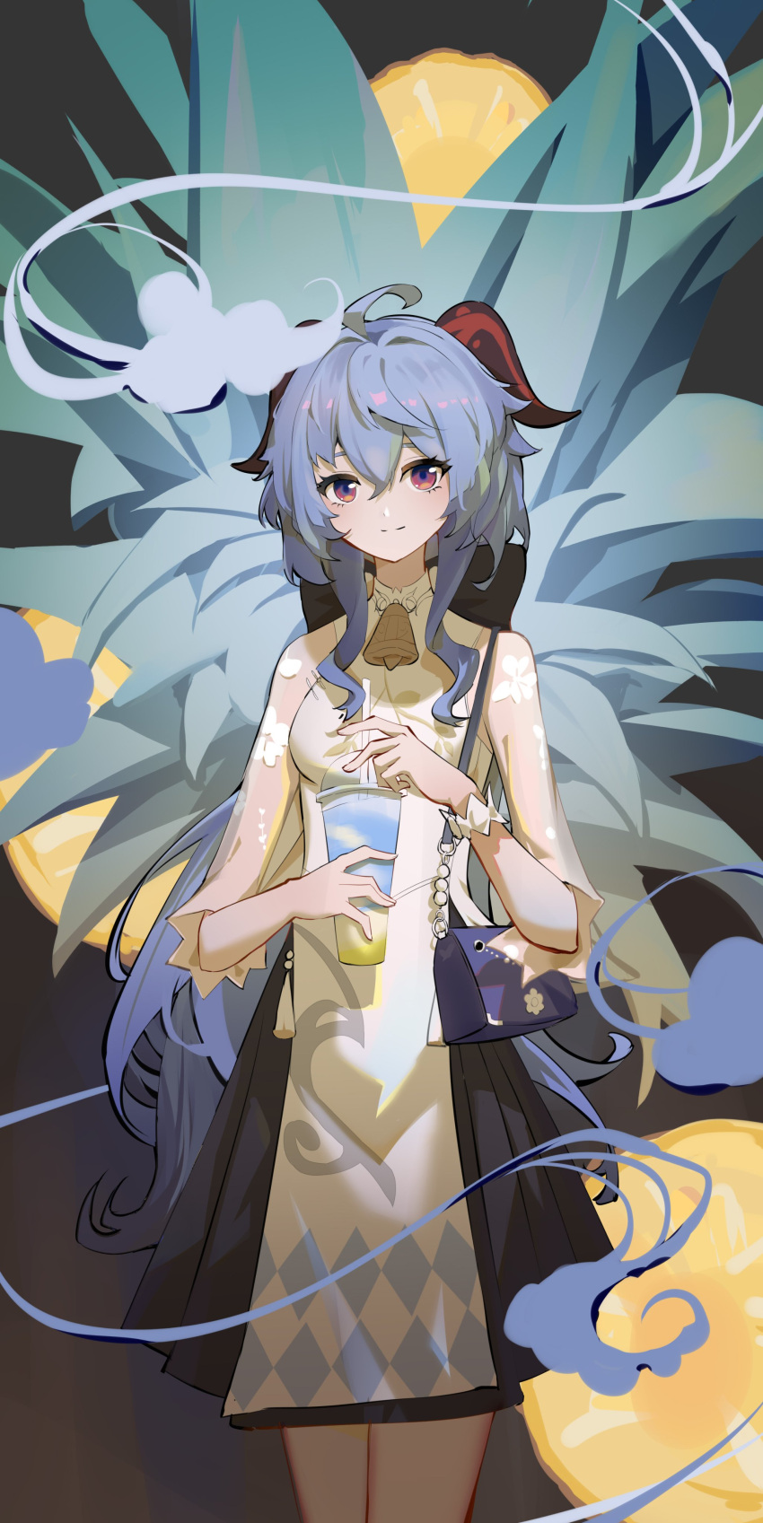 1girl absurdres ahoge bag bell black_skirt blue_hair chinese_clothes commentary_request cup disposable_cup drink drinking_straw ganyu_(genshin_impact) ganyu_(heytea)_(genshin_impact) genshin_impact goat_horns hair_between_eyes handbag highres horns long_hair long_sleeves looking_at_viewer low_ponytail neck_bell official_alternate_costume outdoors pelvic_curtain qixia see-through see-through_sleeves side_slit sidelocks skirt smile solo violet_eyes