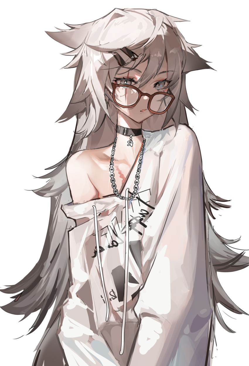 1girl absurdres alternate_costume arknights bespectacled black_choker brown-framed_eyewear chain_necklace choker clothes_writing expressionless glasses hair_ornament hairclip highres jewelry lappland_(arknights) long_hair looking_at_viewer messy_hair necklace off_shoulder parted_lips rui_(woyoudabing_rui) scar scar_across_eye shirt simple_background single_bare_shoulder single_off_shoulder solo upper_body white_background white_eyes white_hair white_shirt