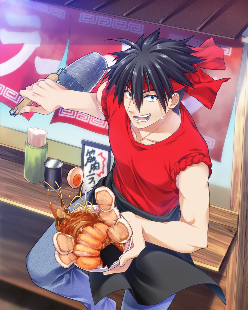 1boy apron black_apron black_hair blue_eyes blue_pants card_(medium) character_name counter denim food headband highres inohara_masato jeans ladle little_busters! male_focus meat noodles noren open_mouth pants ramen red_headband red_shirt satomi_yoshitaka shirt sleeves_rolled_up solo spiky_hair strainer teeth upper_teeth_only