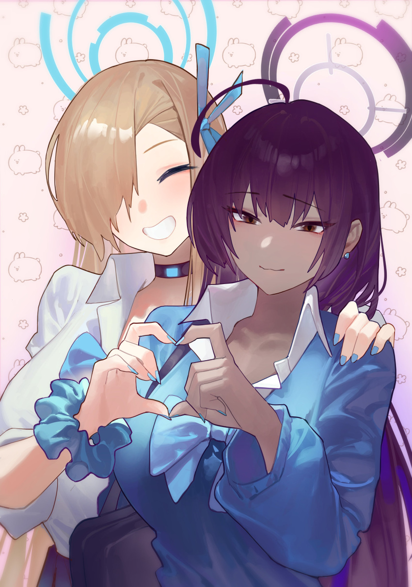 2girls absurdres ahoge aqua_nails aqua_ribbon asuna_(blue_archive) black_choker black_hair blue_archive blue_bow blush bow bowtie breasts brown_eyes choker closed_eyes closed_mouth collared_shirt commentary_request dark-skinned_female dark_skin ear_piercing grin hair_over_one_eye hair_ribbon halo hand_on_another's_shoulder heart heart_hands heart_hands_duo highres jaws_(okdol0928) karin_(blue_archive) korean_commentary light_brown_hair long_hair multicolored_hair multiple_girls nail_polish piercing purple_hair ribbon scrunchie shirt simple_background smile upper_body very_long_hair white_shirt wrist_scrunchie