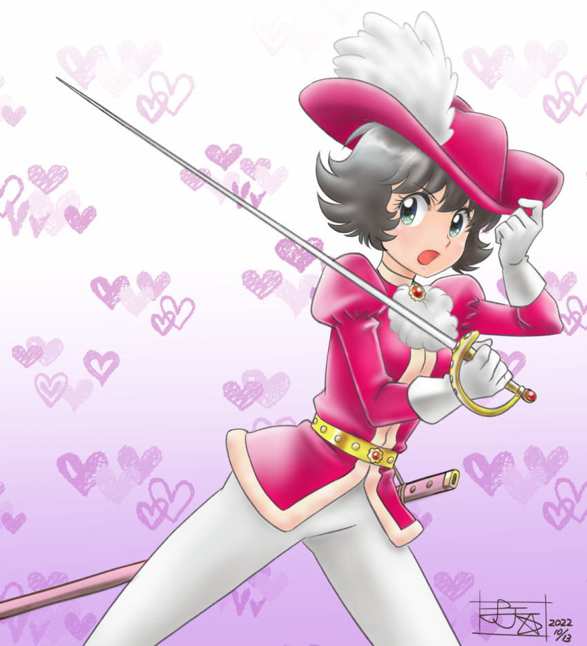 1girl adjusting_clothes adjusting_headwear black_hair breasts character_request commentary_request dated derivative_work futari_to_5-nin gloves grey_shirt hat heart heart_background highres holding holding_sword holding_weapon jacket juliet_sleeves long_sleeves puffy_sleeves rapier red_jacket sheath shirt short_hair signature small_breasts solo sword v-shaped_eyebrows weapon white_gloves yoshiten
