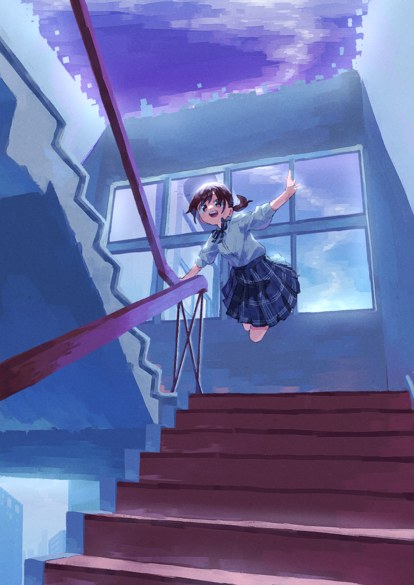 1girl absurdres blue_skirt brown_eyes brown_hair collared_shirt handrail highres nama_udon open_mouth original plaid plaid_skirt pleated_skirt ponytail railing shirt short_hair skirt sleeves_past_elbows smile solo stairs stairwell white_shirt window