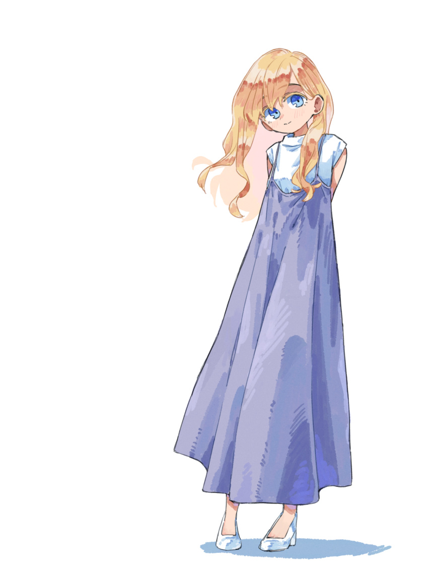 1girl arms_behind_back blonde_hair blue_eyes blush closed_mouth dress full_body high_heels highres long_hair looking_at_viewer maribel_hearn nama_udon purple_dress shirt short_sleeves simple_background smile solo standing touhou white_background white_footwear white_shirt