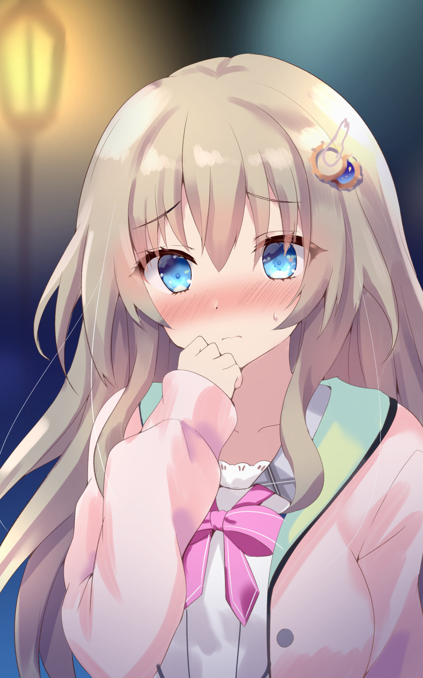 1girl 3: 9-nine- absurdres blue_eyes blurry blurry_background blush cardigan closed_mouth commentary_request embarrassed eyelashes eyes_visible_through_hair gear_hair_ornament hair_between_eyes hand_to_own_mouth hand_up highres kujou_miyako light_brown_hair long_hair looking_at_viewer neck_ribbon night nose_blush open_cardigan open_clothes outdoors pink_cardigan pink_ribbon purunyara ribbon school_uniform shirt sidelocks sleeves_past_wrists solo sweatdrop upper_body very_long_hair wavy_hair white_shirt wing_hair_ornament