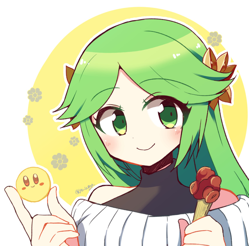 1girl alternate_costume character_food flower green_eyes green_hair highres kid_icarus kid_icarus_uprising kirby kirby_(series) looking_at_viewer outline palutena smile twitter_username two-tone_background upper_body white_background white_outline yellow_background yu_makoto_(yu_uma)
