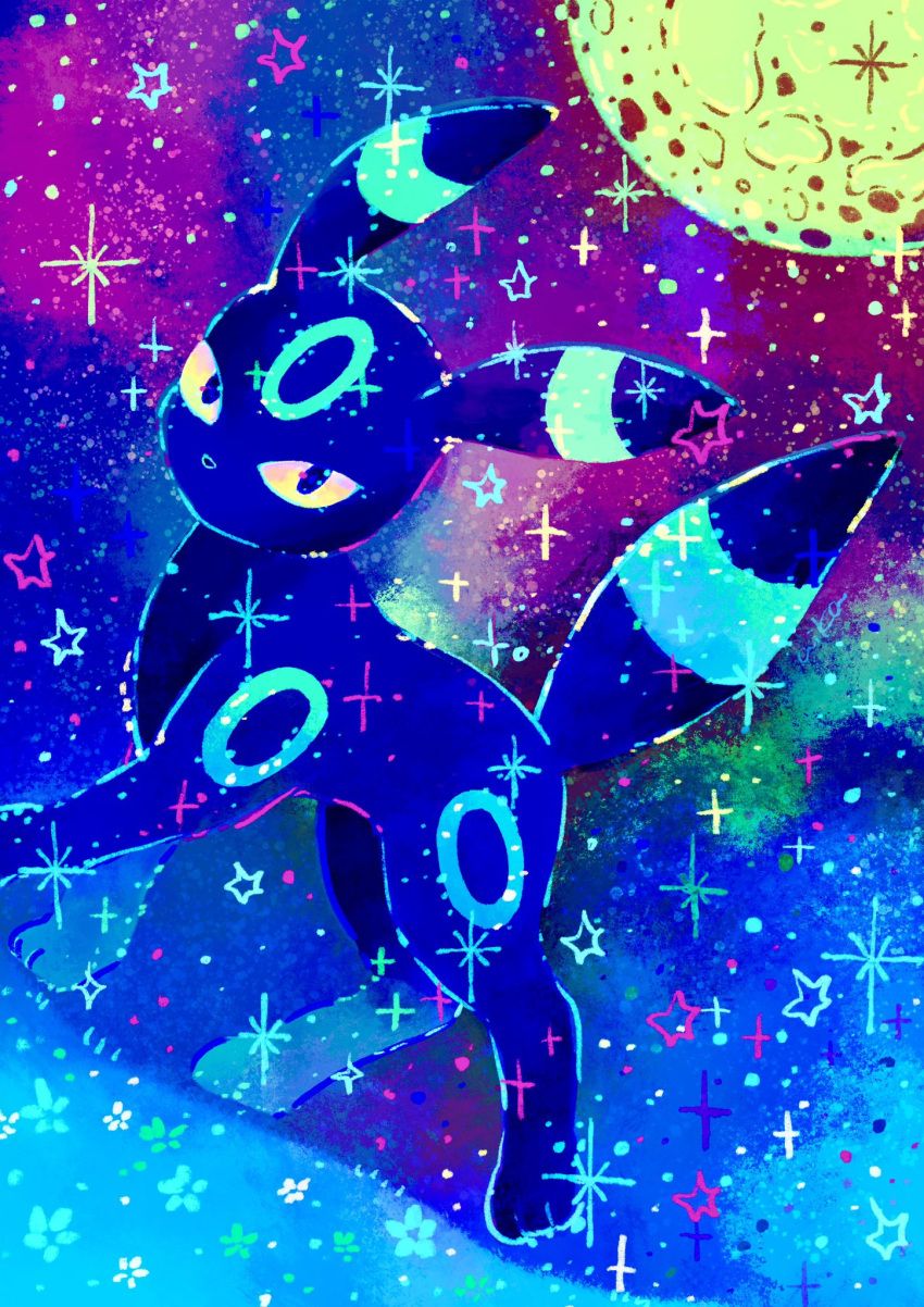 alternate_color colored_sclera commentary_request highres looking_at_viewer moon no_humans otonoha_aika pokemon pokemon_(creature) shiny_pokemon sky slit_pupils solo sparkle standing star_(sky) star_(symbol) starry_sky umbreon yellow_sclera