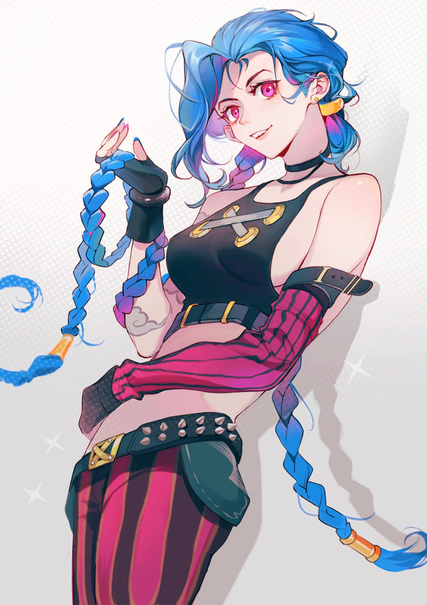 1girl arcane:_league_of_legends arcane_jinx bai_xin belt black_gloves black_tank_top blue_hair commentary english_commentary eyelashes fingerless_gloves gloves gradient_hair happy highres jinx_(league_of_legends) league_of_legends long_hair looking_at_viewer low_twintails midriff multicolored_hair pants pink_eyes pink_hair smile solo standing striped striped_pants tank_top twintails