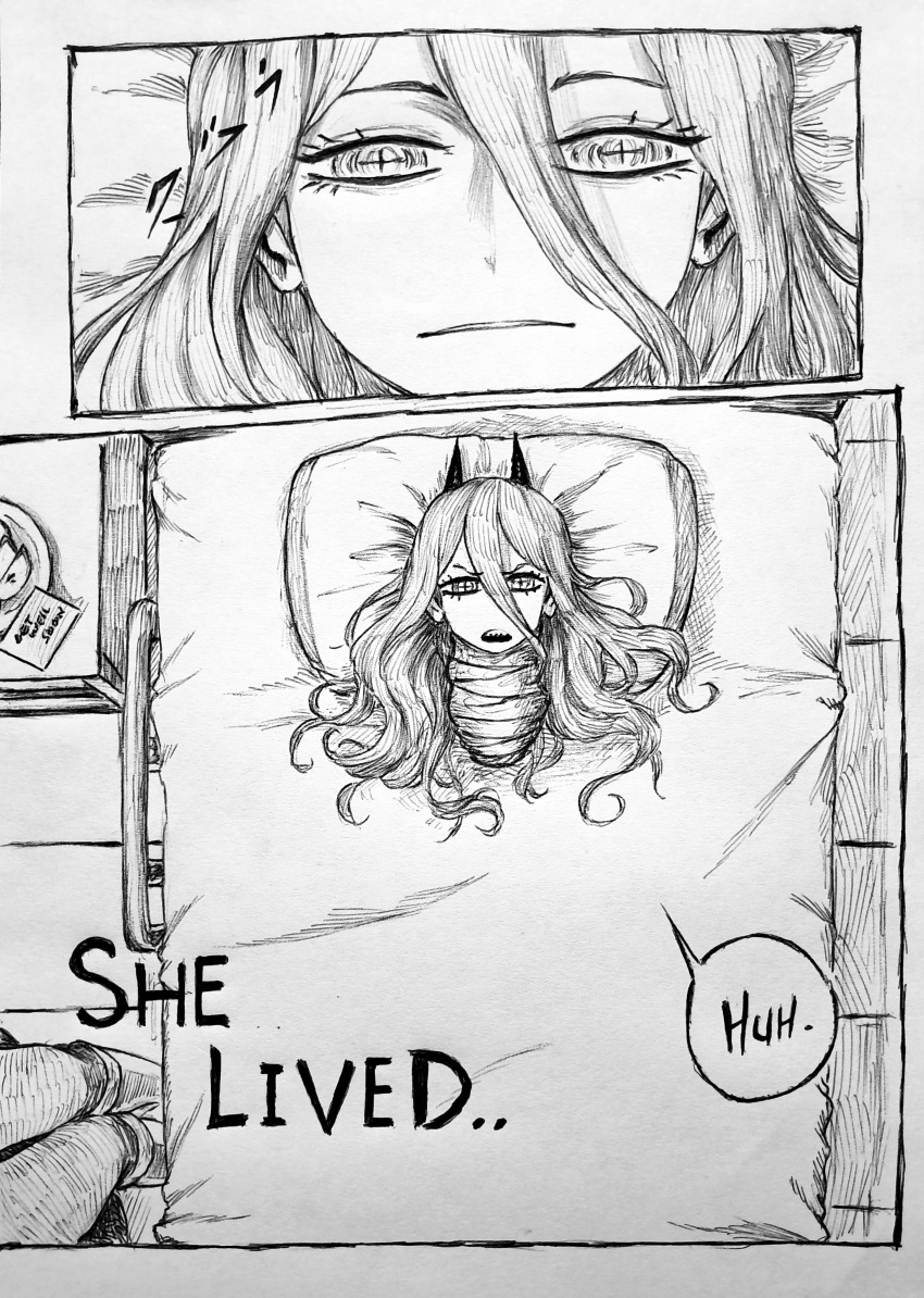 1girl absurdres bandages chainsaw_man chronozbergh confused disembodied_limb frown grappler_baki greyscale hair_between_eyes highres horns ink_(medium) light_frown long_hair meme monochrome open_mouth paper parody parted_lips pillow power_(chainsaw_man) retsu_kaiou's_head_lying_in_a_hospital_bed_(meme) sharp_teeth solo speech_bubble table teeth traditional_media v-shaped_eyebrows