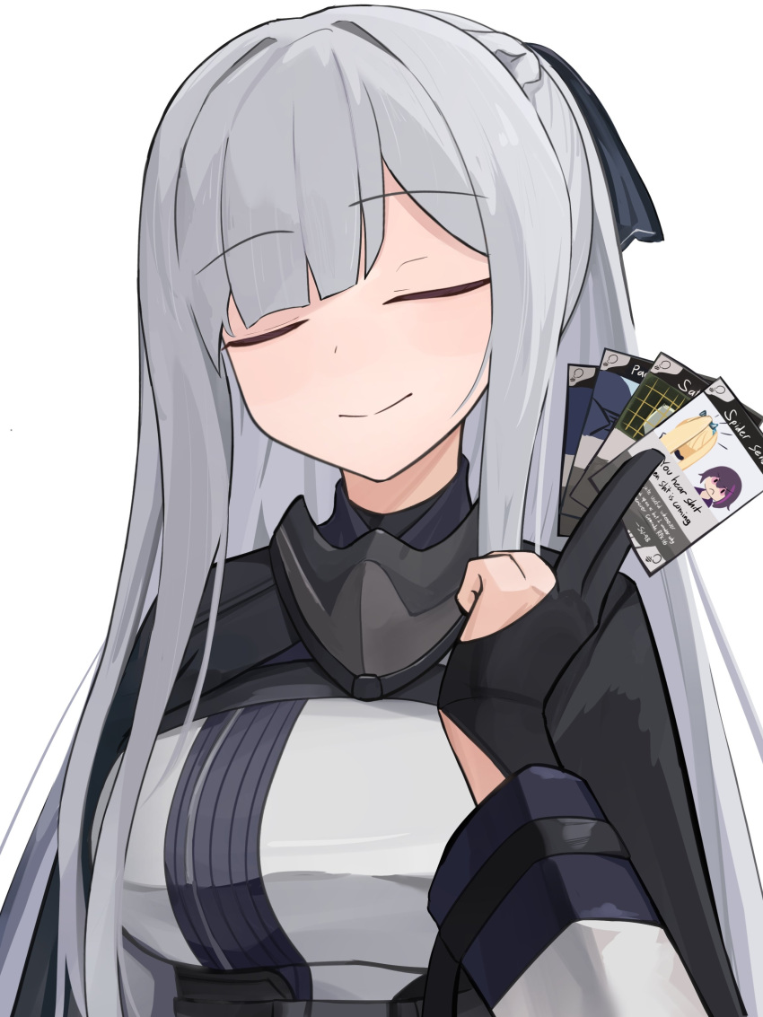 1girl absurdres ak-12_(girls'_frontline) braid card closed_eyes closed_mouth french_braid gamryous girls_frontline gloves grey_hair hair_ribbon highres holding holding_card jacket long_hair long_sleeves mask ponytail ribbon sidelocks simple_background smile solo tagme titanfall titanfall_(series)