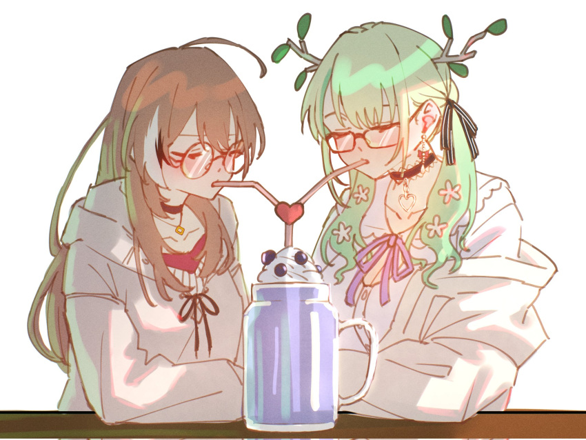 2girls ahoge antlers black_choker brown_hair brown_hoodie cardigan ceres_fauna ceres_fauna_(3rd_costume) choker cleavage_cutout closed_eyes clothing_cutout crossed_bangs cup drinking_straw earrings flower glasses green_hair hair_flower hair_ornament hair_ribbon heart heart_choker highres hololive hololive_english hood hoodie jewelry jirai_kei long_hair mug multicolored_hair multiple_girls nanashi_mumei nanashi_mumei_(3rd_costume) necklace official_alternate_costume open_cardigan open_clothes oversized_clothes purple_ribbon red_shirt ribbon round_eyewear shirt streaked_hair sweater twintails two_side_up virtual_youtuber white_cardigan white_shirt white_sweater yuutomeh