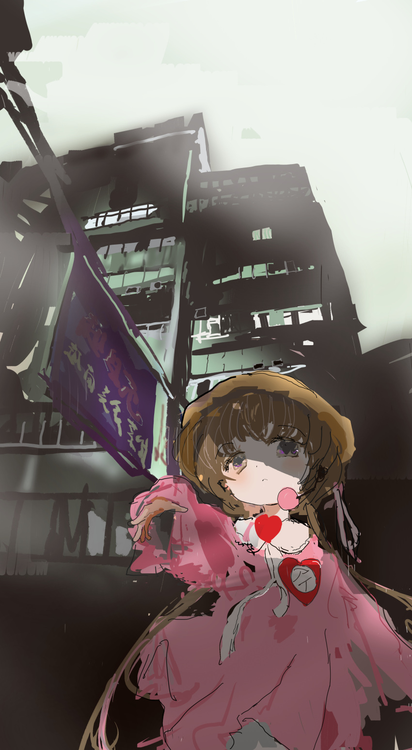 1girl :&lt; absurdres billboard blush brooch brown_hair building character_name closed_mouth collared_dress commentary_request cowboy_shot dress fog from_below grey_eyes hat headset heart heart_brooch heart_in_eye highres jewelry kabuyama_kaigi long_sleeves looking_at_viewer looking_down multicolored_eyes name_tag neck_ribbon outstretched_hand pink_dress puffy_long_sleeves puffy_sleeves ribbon school_hat shade solo symbol_in_eye tsukuyomi_ai urban violet_eyes voiceroid white_ribbon