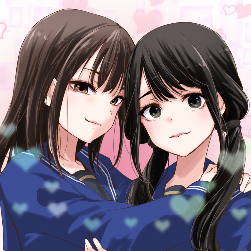 2girls arm_around_shoulder black_eyes black_hair blue_sailor_collar blue_shirt brown_eyes brown_hair closed_mouth commentary_request gradient_background hair_over_shoulder hand_on_another's_arm hand_up hands_on_another's_shoulder hands_up heads_together heart heart_background highres komatsu_otoha light_blush long_hair long_sleeves looking_at_viewer looking_to_the_side low_twintails multiple_girls pink_background real_life rectangle sailor_collar saitou_airi school_uniform serafuku shirt side-by-side smile twintails upper_body urutsu_sahari voice_actor yuri